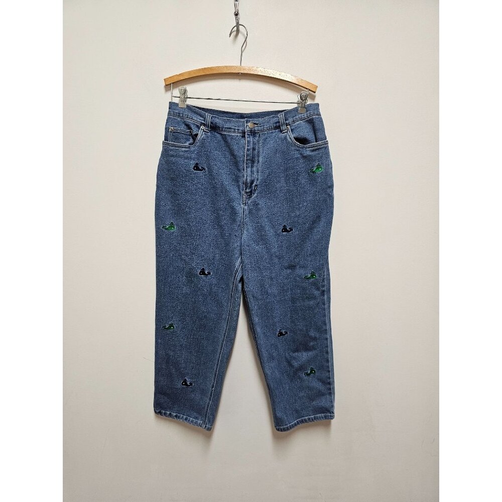 Quacker Factory Crop Blue Denim Jeans Whale Embroidered High Waist Size 16